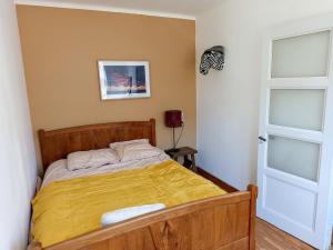 Appartement cozy au coeur d' Annecy في أنِسي: غرفة نوم بسرير وبطانية صفراء