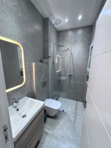 a bathroom with a sink and a toilet and a shower at Appartement charme méditérranéen pieds dans l'eau in Raoued