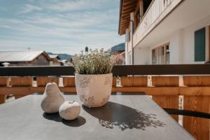a table with two vases and a potted plant on a balcony at Landhaus Mucha - Ferienwohnungen - Naturpark Partner in Bolsterlang