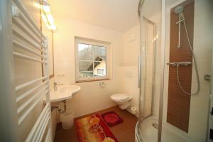 une salle de bain avec toilettes, lavabo et douche dans l'établissement Ferienhaus Hermann, à Schladming 8 autres photos