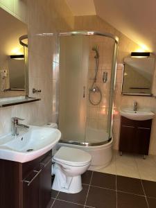 a bathroom with a shower and a toilet and a sink at Szafir in Rzeszów +57 photos
