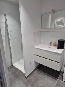 Un baño blanco con lavabo y ducha. en Gite de l'usine, en Roussay