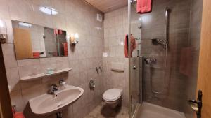 a bathroom with a shower and a toilet and a sink at Pension Seerose in Pleinfeld +15 photos