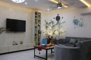 ラホールにあるLuxury manzil Apartmentのソファと壁掛けテレビのあるリビングルーム