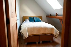 a bedroom with a bed with blue pillows on it at de Binnenhof by Droomvilla in Vriezenveen
