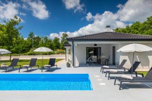 a pool with chairs and umbrellas next to a house at Villa Rubus by IstriaLux in Žminj
