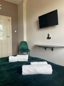 a bedroom with a green bed with a green chair and a television at Wielkopolanka Pokoje gościnne i Restauracja in Chodzież +65 photos