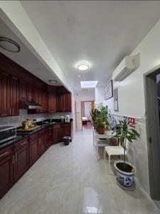 a large kitchen with wooden cabinets and a potted plant at Sunset Park Homestay in Brooklyn