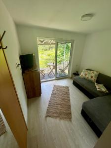 una sala de estar con un sofá y un televisor en La Burlacu, en Eşelniţa