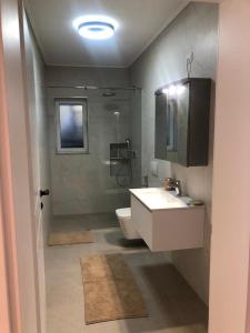 ein Badezimmer mit Dusche, Waschbecken und Toilette in der Unterkunft City & Canyon - Modern Comfort in Çorovodë