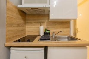 una cucina con un lavello e un piano di lavoro di Studio GIGI 50 m mer climatisation plein centre a Palavas-les-Flots