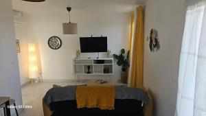 a living room with a bed and a flat screen tv at Le soleil de l'estaque in Marseille