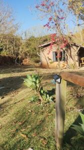 a bird feeder on a bench in front of a house at Camping e pousada dos sonhos in Carvalhos