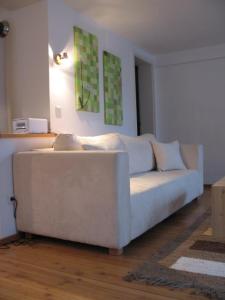 ein Wohnzimmer mit einer weißen Couch in einem Zimmer in der Unterkunft Natur Idylle mit Tieren in der Dachsmühle zwischen Bodensee und Schwarzwald in Immendingen
