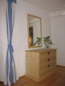 einen Spiegel auf der Kommode in einem Zimmer in der Unterkunft Natur Idylle mit Tieren in der Dachsmühle zwischen Bodensee und Schwarzwald in Immendingen + 9 Fotos
