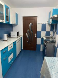 a kitchen with a door with a snake painted on it at Peter et Len Soleil , Famille in Eforie Nord +24 photos