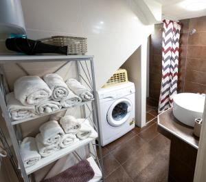 a bathroom with a washing machine and a washer and dryer at Kalian Meteora in Kalabaka