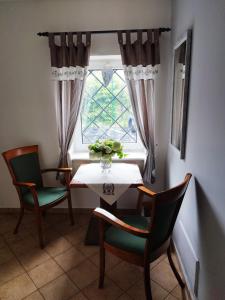 ein Esszimmer mit Tisch und Stühlen und einem Fenster in der Unterkunft Ubytovanie na Frantšachte in Banská Štiavnica