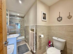 ein Badezimmer mit Toilette, Dusche und Waschbecken in der Unterkunft Goodwinds 4 bedroom beachside house in Torcross + 17 Fotos