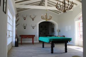 Una habitación blanca con una mesa de billar verde en ella. en Herdade da Boavista, en Aljustrel