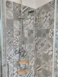 a bathroom with a shower with a tile wall at Les Apparts du Pont Vert - lit double - WiFi - tout inclus - 6 in Troyes