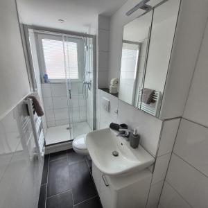 a white bathroom with a sink and a shower at Budget Base Apartment - 3 x Einzelzimmer in Braunschweig +33 photos