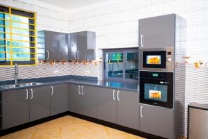 cocina con armarios grises, fregadero y horno en State of The Art House, en Kengen