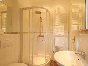 a bathroom with a shower and a toilet and a sink at Ferienwohnung Nr 8 im Gutshaus Zicker auf Rügen in Garz-Rügen