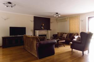 un soggiorno con un divano e una televisione di Atrium Villa Syvota a Sivota