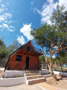 a house with stairs and a tree in front of it at Cabaña Alpina - Ecos del Cerro in Paraguarí