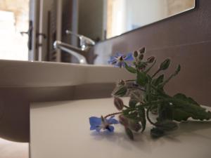 a blue flower sitting on a bathroom counter in front of a sink at Agriturismo Arà in Casale Zappulla +36 photos