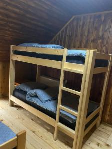 two bunk beds in a room with wooden walls at Koča na Kranjski dolini Krnica 93 a,Pokljuka in Zgornje Gorje