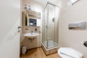 une salle de bain avec une douche, des toilettes et un lavabo dans l'établissement Gemütliche 1 Zi-Whg in TOP Lage von Passau!, à Passau
