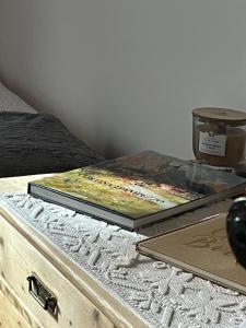 two books sitting on top of a dresser at Masito Apartments The Hub in Cortina dʼAmpezzo