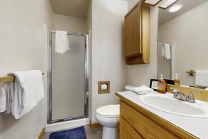 a bathroom with a shower and a toilet and a sink at Lakeview Home with new hot tub - Sleeps 10 in Sandpoint +22 photos