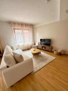 a living room with a white couch and a television at Le Nid Zen Obernois - 4 guests in Obernai +11 photos