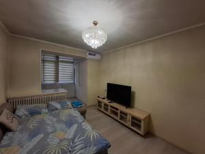 una camera da letto con un letto e una TV a schermo piatto di One-bedroom apartment in the city center a Bishkek