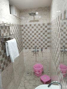 AyodhyaThe Sunrise Ayodhya Guest House的一间带粉红色卫生间和盥洗盆的浴室