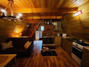 a living room with a couch and a stove at Lenivka in Hnilčík