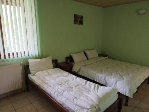 two beds in a room with green walls at Къща за гости Кършеви in Elena +11 photos