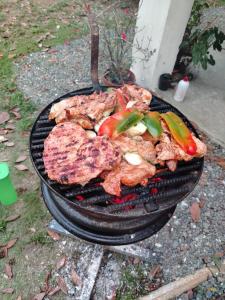 a grill with meat and vegetables cooking on it at Happy Monkeys in Puerto Jiménez
