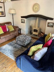 ein Wohnzimmer mit Sofa und Kamin in der Unterkunft Cosy North Devon Thatched Cottage near beaches in Marwood