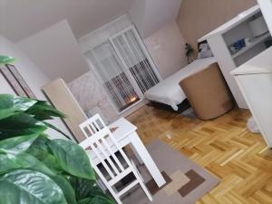 a room with a white chair in a room with plants at Apartman Jaca in Požarevac