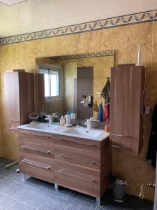 a bathroom with a sink and a large mirror at Maison en rez de jardin in Pluvigner +12 photos