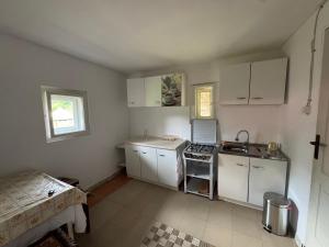 een kleine keuken met witte kasten en een fornuis bij Glamping - Casuta de pe Fiad in Romuli