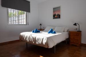 a bedroom with a bed with blue pillows on it at Villa Biznaga in Rincón de la Victoria