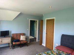 a bedroom with a bed and a tv and a chair at Bumble cottage in Albrighton