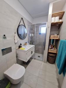 a bathroom with a toilet and a sink and a shower at Monteiro Duplex Terrace - attic in Mercês +2 photos
