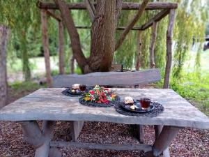 a picnic table with two plates of food on it at Stara Szkoła S7 Noclegi Mazury, Zajezierze 8 14-330 Małdyty in Małdyty