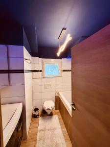 ein Badezimmer mit einer violetten Decke und einer Toilette und einem Waschbecken in der Unterkunft Ferienwohnungen in Lohr in Lohr